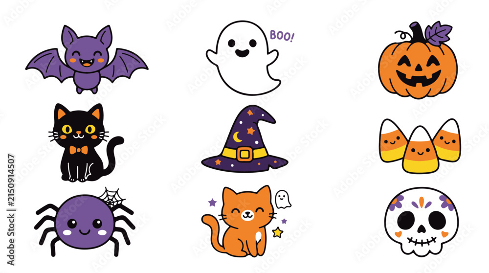 Obraz premium Cute Halloween Icons Bat Ghost Pumpkin Cat Spider Witch Hat Candy Corn Skull