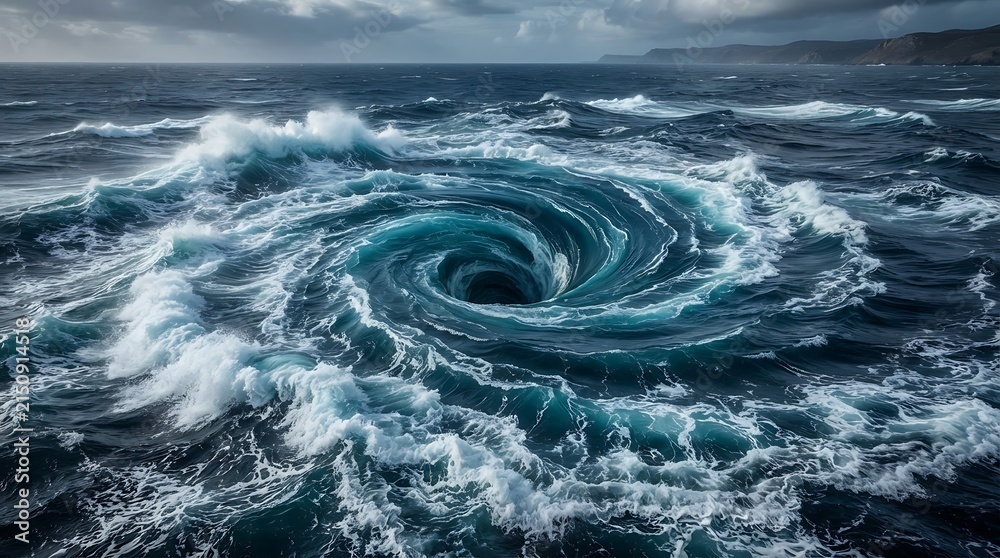 Obraz premium Spiral ocean waves with stormy sky above
