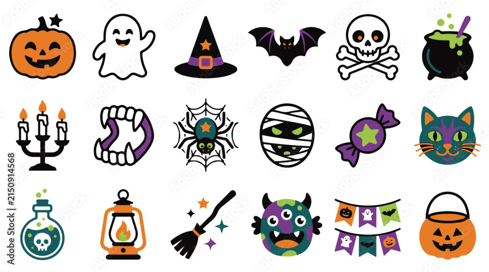 Obraz premium Cute Halloween Icons Set Pumpkin Ghost Bat Witch Hat Candy and More