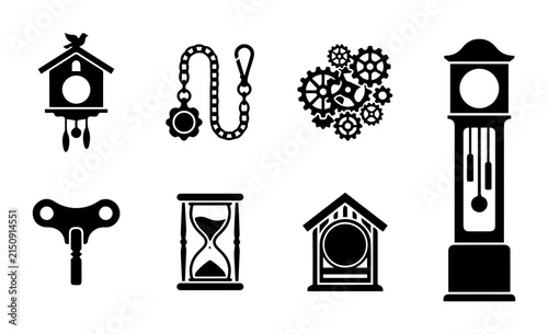 Foto Vintage Clock Icons Set, Retro Timekeeping Elements, Mechanical Gears, Hourglass