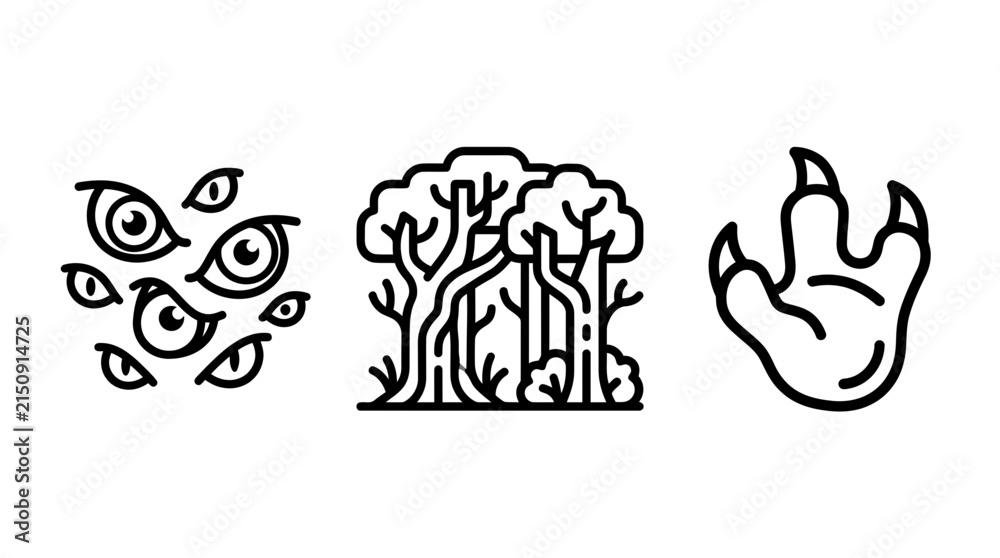 Fototapeta premium Set of monster footprint and dark forest with many watching eyes icon outline footprint illustration isolated supernatural paranormal creature watchful menacing wilderness adventure