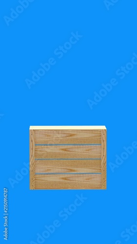 Empty wooden crate rotating through front, side, top, and bottom views against a solid blue background, useful for storage or packaging concepts in 3D animation