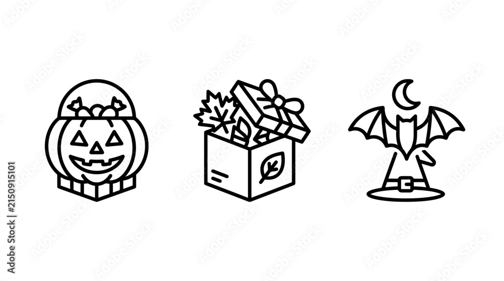 Fototapeta premium Halloween holiday celebration trick or treat line icon set with halloween celebration jackolantern illustration seasonal decoration collection isolated elements traditional nighttime