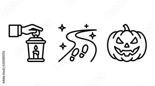 Set of halloween themed line art icons including a hand holding a candle a path with footprints a scary pumpkin jack o lantern halloween footprints jackolantern celebration seasonal