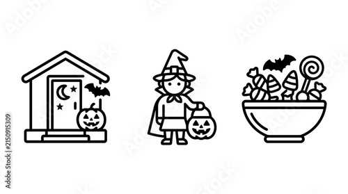 Collection of halloween linear icons depicting a haunted house witch child bowl of candy halloween celebration lollipop illustration collection minimalist isolated seasonal crescent