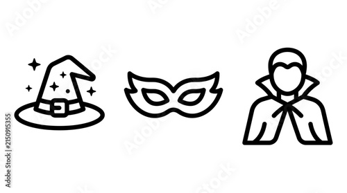 Halloween costume icons set with a magical witch hat mysterious masquerade mask a vampire figure halloween masquerade seasonal celebration minimalist isolated background illustration