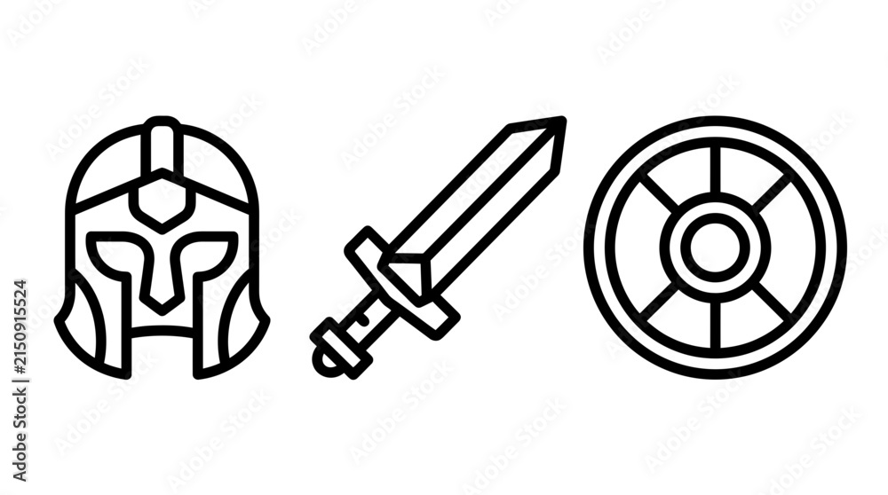Obraz premium Set of warrior equipment icons including gladiator helmet sharp sword and round shield gladiator medieval graphics illustration historical protection equipment militaria swordplay military