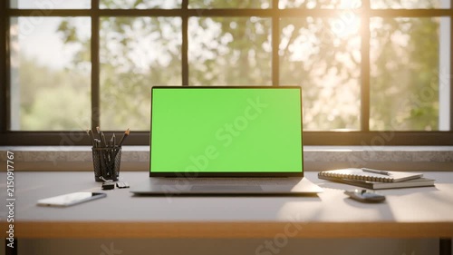 Laptop PC with Green Screen on Office Desk in Sunny Room - Front View