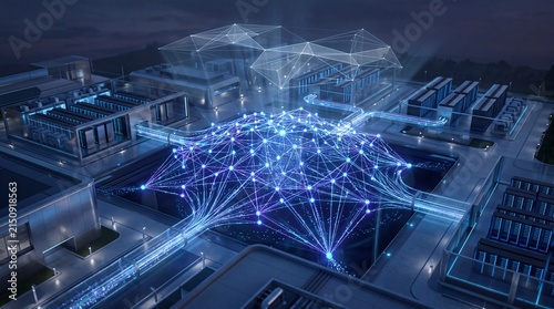 Futuristic data center with glowing AI network, digital connections, and advanced server infrastructure at night, showcasing innovation and technology