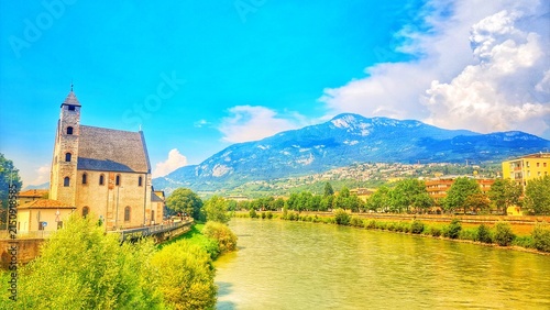 Cuadro en lienzo Panoramic View of Trento City with Adige River and Mountains, Italy