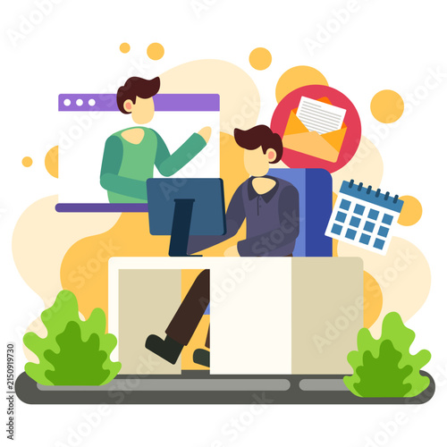 Man attending online meeting and managing work email desk illustration