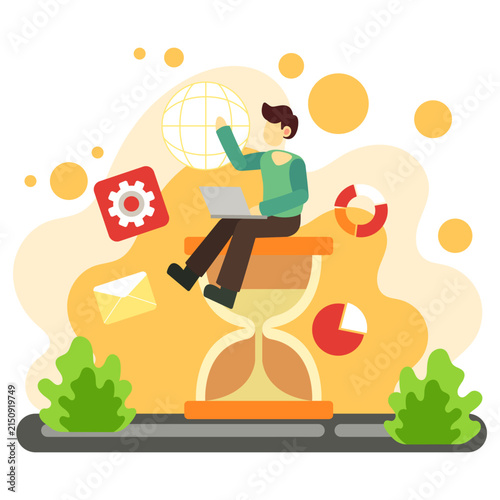 Man sitting on hourglass working on global business task illustration