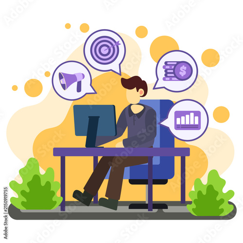 Businessman managing multiple goals at office desk illustration