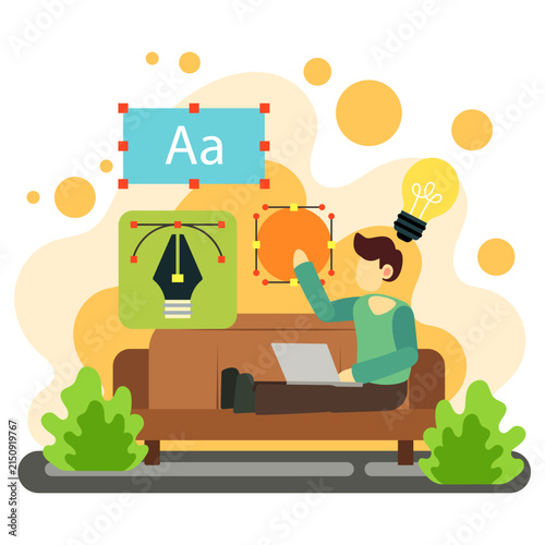 Creative designer working on laptop sitting on sofa illustration