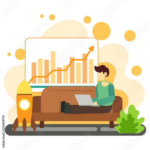 Entrepreneur working on laptop with growth chart rocket illustration