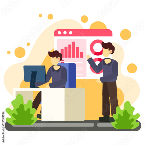 Businessman analyzing data charts at modern office desk illustration