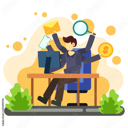 Multitasking manager handling office work and projects illustration