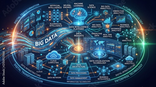 Big data, data visualization, cloud computing, artificial intelligence, machine learning, predictive analytics, and data architecture are interconnected in futuristic digital transformation concept