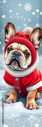 Cozy French bulldog puppy in winter costume on snow seamless pattern background, whimsical, seasonal