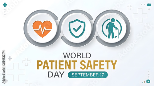 Minimalist graphic for world patient safety day featuring heart shield and senior care icons, awareness
