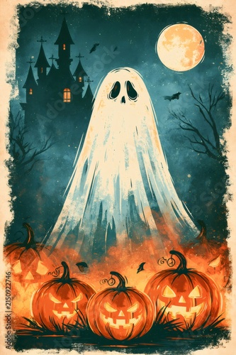 Halloween ghost haunting pumpkins in spooky castle setting