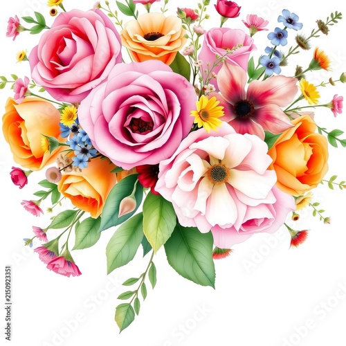 Whimsical bouquet of loose watercolor roses and wildflowers on a white background, bouquet, watercolor