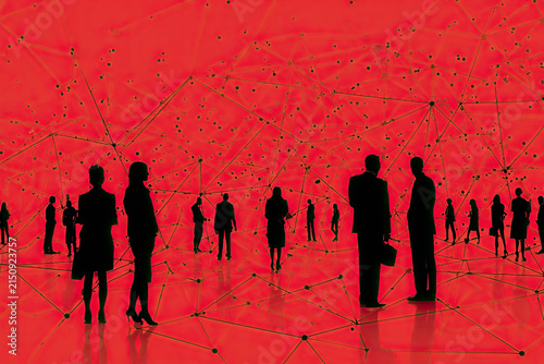 A business concept for a network structure with connected people, illustrating teamwork, collaboration, stakeholder mapping, a social graph, and business communication against a red background.