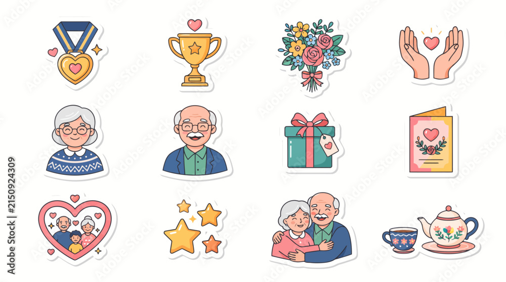 Fototapeta premium Grandparents day sticker set with golden trophy heart medal flower bouquet and elderly couple portraits on white background.
