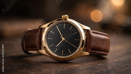 Elegant Luxury Gold Watch with Brown Leather Strap on Dark Wood Surface