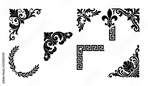Elegant Black Ornate Corner Flourishes, Decorative Vector Elements, Vintage Scrollwork Accents, Classic Laurel Wreath Design