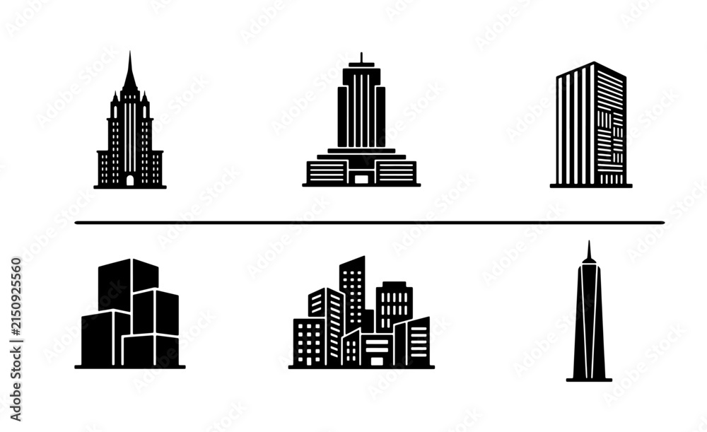 Fototapeta premium Modern Cityscape Building Icons, Urban Architecture Silhouettes, Downtown Skyscraper Vector Set, Business District Structures