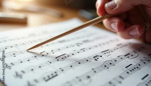 music composition manuscript with hand holding pencil over staff paper, handwritten notes and piano fingering marks, close-up of score editing, music composition process with notation corrections,