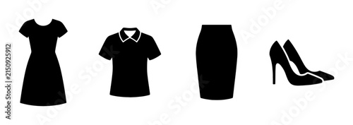 Black Silhouette Fashion Icons Set: Dress, Polo Shirt, Pencil Skirt, High Heels. Vector Graphics for Style and Apparel Design.