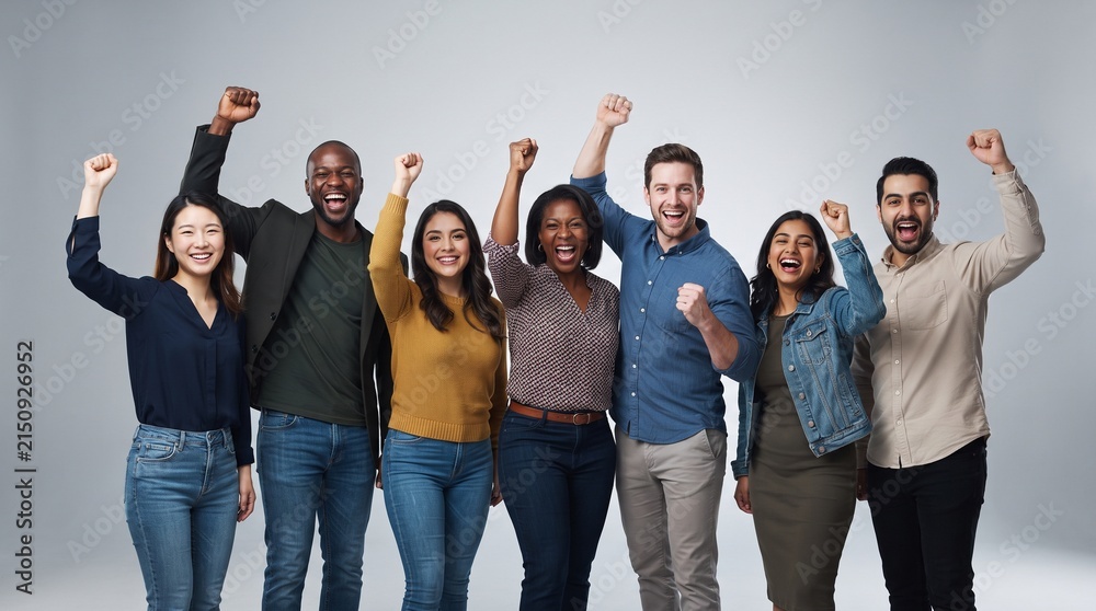 Obraz premium Group-of-cheerful-diverse-people-raising-fists-in-celebration