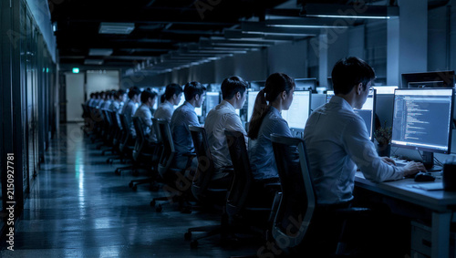 Focused Professionals Working Late in Dark Office Environment