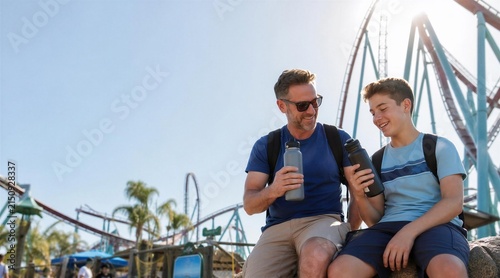 Father and Son Relaxing at Amusement Park with Water Bottles