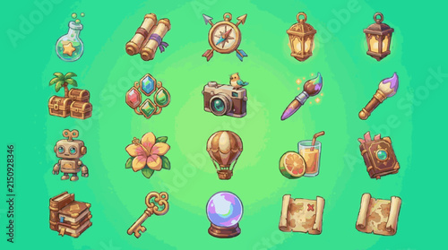 Elegant Colorful Cartoon Icons Set Featuring Whimsical Objects Like Treasure Chests Magic Potions Lanterns Gems and More on a Green