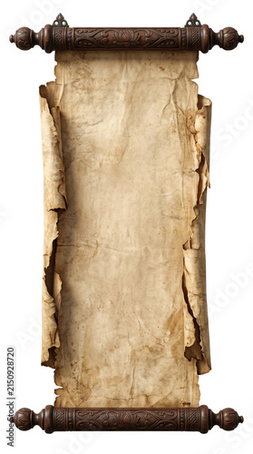 Vintage Ancient Blank Parchment Scroll with Wooden Rollers Isolated on White Background