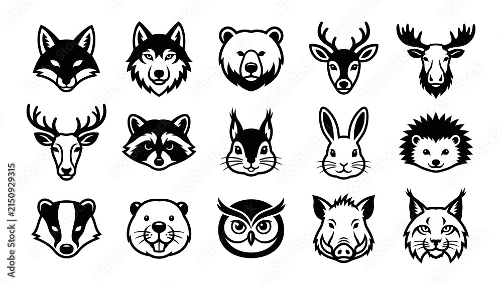 Fototapeta premium Collection of north american and european wildlife animal head illustrations in black and white