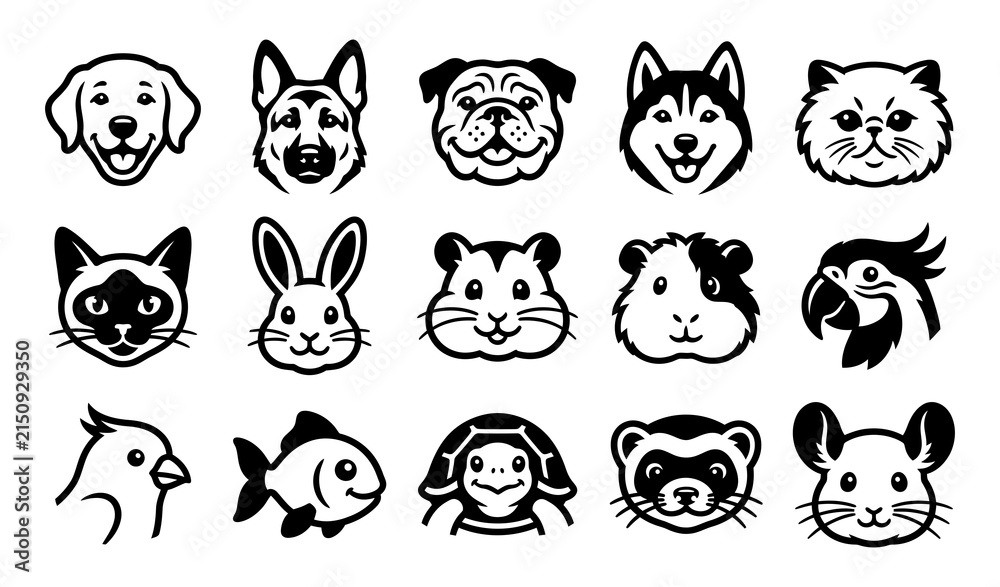 Fototapeta premium Collection of adorable animal head icons featuring dogs cats rabbits and other pets