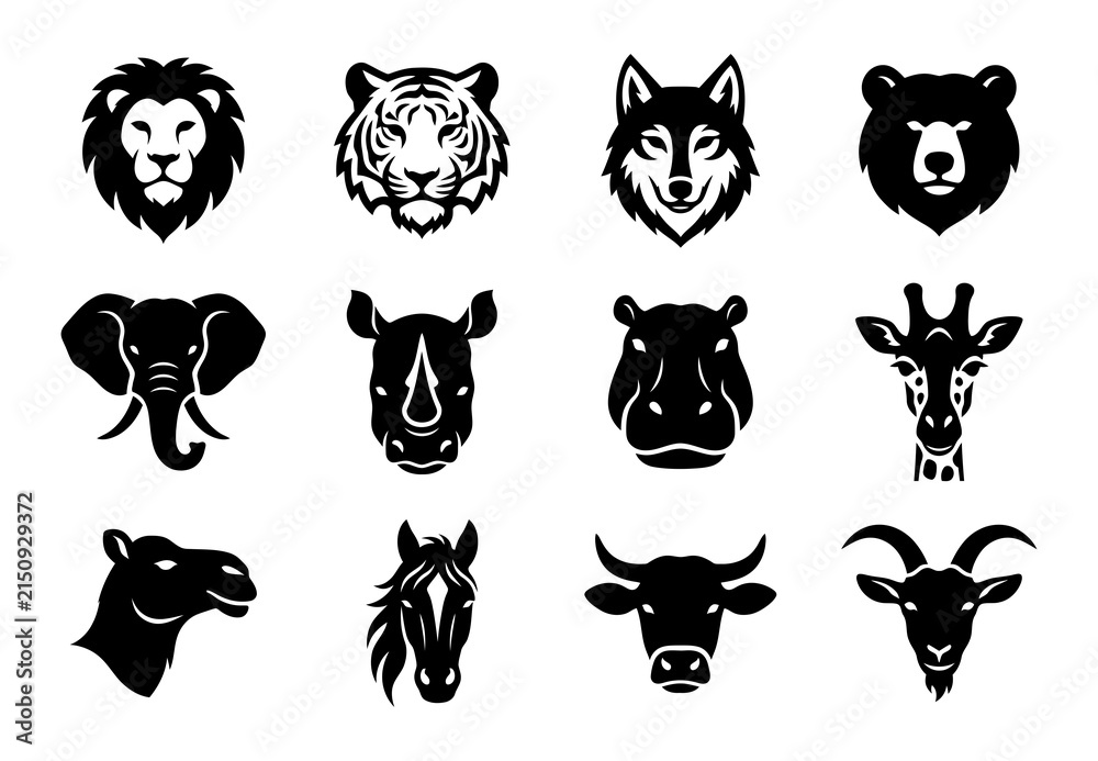 Obraz premium Collection of black silhouette animal heads including lions tigers bears and more