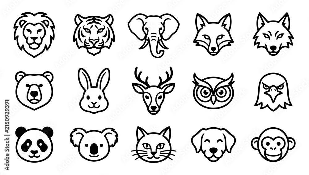 Fototapeta premium Collection of linear animal head icons including lion tiger bear and monkey