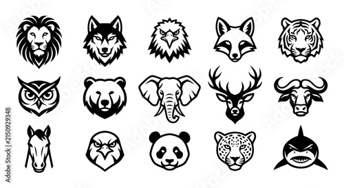 Collection of animal head emblems featuring lions wolves eagles and other wildlife