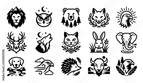 Collection of black and white animal head emblems with floral and natural elements