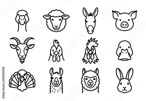 Collection of farm animal head line art illustrations in a simple black and white style