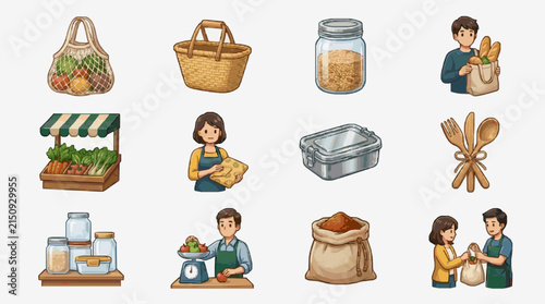 Elegant of Colorful Organic Grocery Shopping and Food Preparation Essentials with Friendly Characters