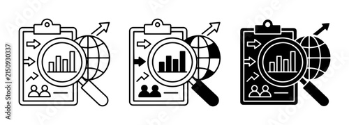 Konstfotografi Global Business Analytics Icons, Data Analysis Magnifying Glass, Financial Growt
