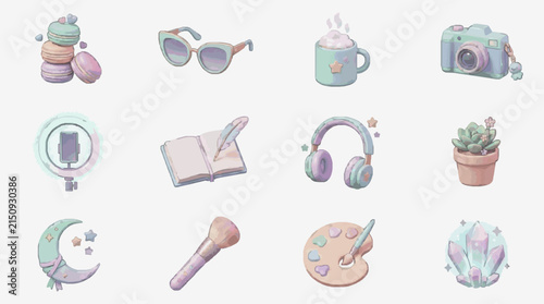 Elegant Pastel Set of Whimsical Lifestyle and Creative Objects Featuring Camera Coffee Mug Headphones Makeup Brush Palette Book Sunglasses Plant Phone Cake Moon