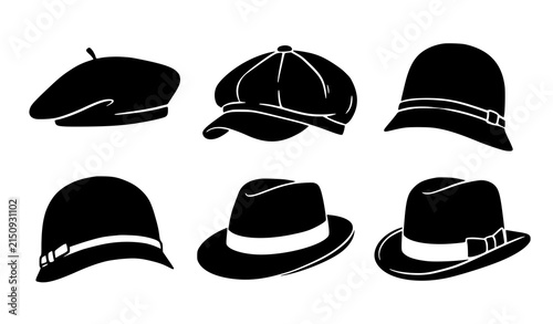 Fotografía Set of vintage hat silhouettes including beret newsboy and fedora styles with he