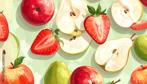 Detailed watercolor illustration featuring whole and sliced apples, pears, and strawberries on a light green background. Ideal for health food branding or menu designs.
